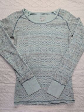 Columbia Blue Thermal Shirt Zigzag Print Waffle Knit Long Sleeve Crew Neck M